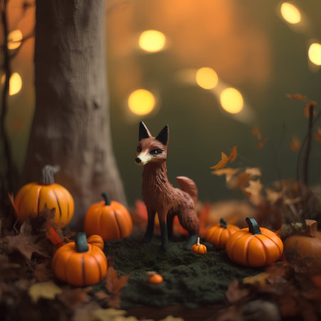 Halloween background with a toy fox and pumpkins in the forestの素材