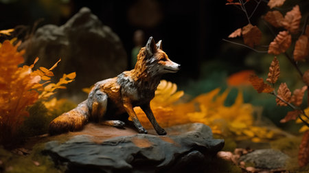 Red fox figurine in an aquarium with colorful autumn leaves in the backgroundの素材