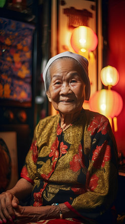 Portrait of an elderly asian woman in traditional clothes at nightの素材