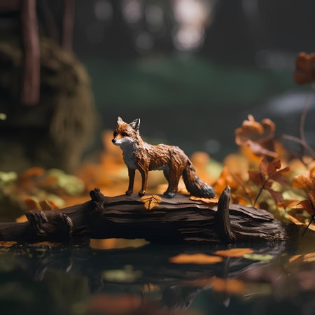 Fantasy image of a red fox standing on a log in the forestの素材
