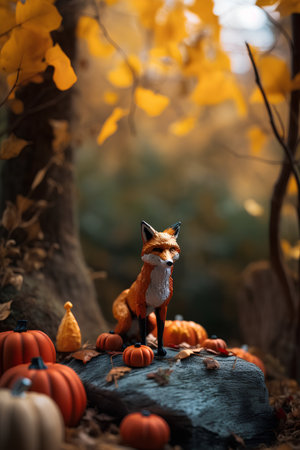 Funny little fox in the autumn forest with pumpkins. Halloween concept.の素材