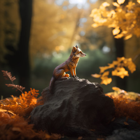 Red fox sitting on a rock in the autumn forest. 3d renderingの素材