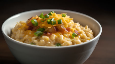 Risotto with cheese, bacon and chives in a bowlの素材