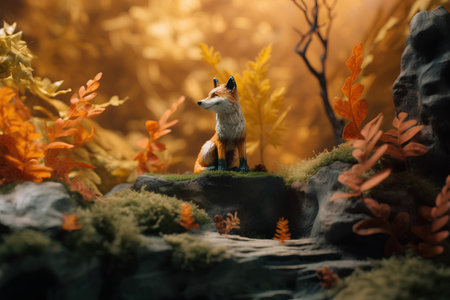 Plasticine figurine of a fox on the background of an autumn forestの素材