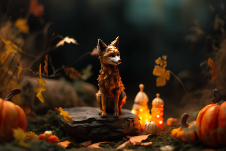 Funny little fox toy in the autumn forest. Halloween concept.の素材