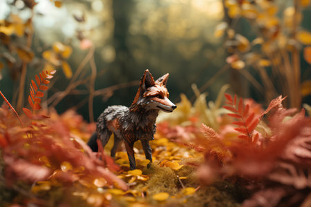 Close-up of a little fox figure in the autumn forest.の素材