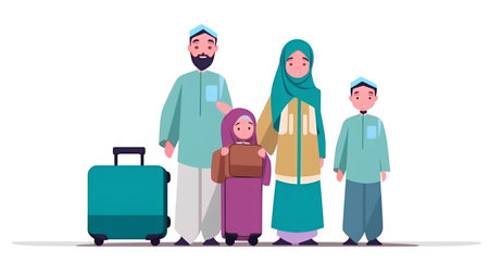 Muslim family. Cartoon illustration of muslim family with luggage. Vector illustration.の素材