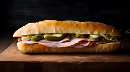 sandwich with ham, cheese and pickles on a wooden boardの素材