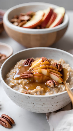 Oatmeal with pecan nuts and caramel sauce, selective focus.の素材