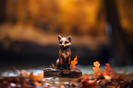 Raccoon sitting on a stump in the forest with autumn leavesの素材