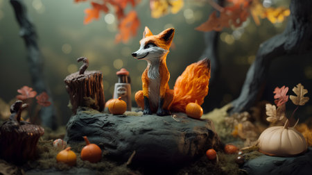 Fairy tale scene with little fox and autumn leaves. Halloween concept.の素材