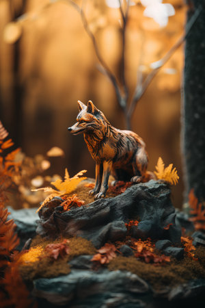 Wooden toy wolf on a rock in the autumn forest. Selective focus.の素材