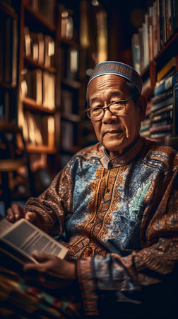 Portrait of an old man reading a book in a library.の素材