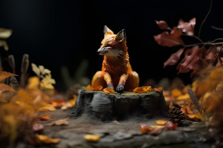 Red fox on wooden stump with autumn leaves in the background. Studio shot.の素材
