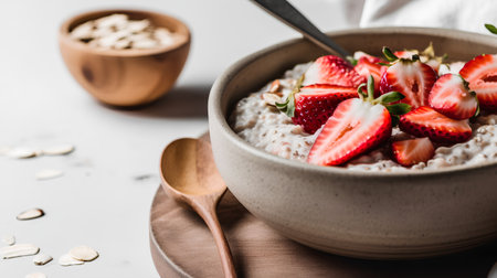 Oatmeal with strawberries in a ceramic bowl on a light background.の素材