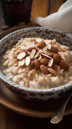 Oatmeal porridge with almonds in a bowl on a wooden tableの素材