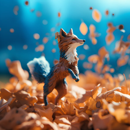 Decorative figurine of a fox on the background of autumn leavesの素材