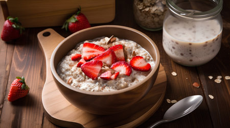 Oatmeal with strawberries in a wooden bowl on a wooden background.の素材