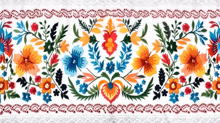 Ukrainian folk embroidery with colorful flowers on a white backgroundの素材
