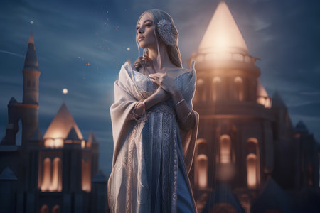 Muslim woman in front of mosque. Ramadan Kareem celebration. 3d renderingの素材