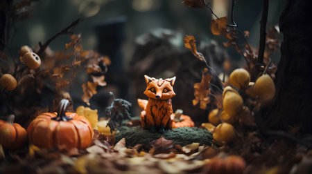 Halloween background with pumpkin, fox and autumn leaves. Halloween concept.の素材