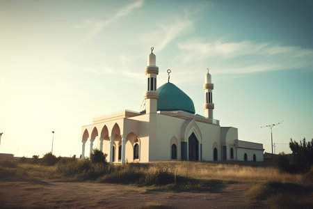 Beautiful mosque in the field at sunset. Retro style tonedの素材
