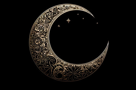 Illustration of golden crescent moon with floral ornament on black backgroundの素材