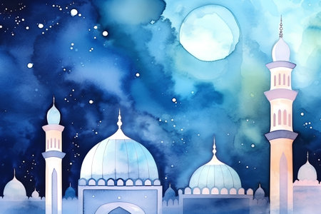 Ramadan Kareem background with mosque and moon in watercolor styleの素材