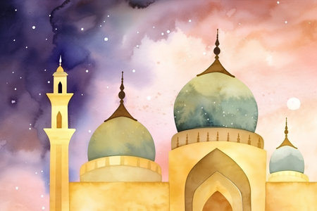 Watercolor illustration of mosque in the night sky, Ramadan Kareemの素材