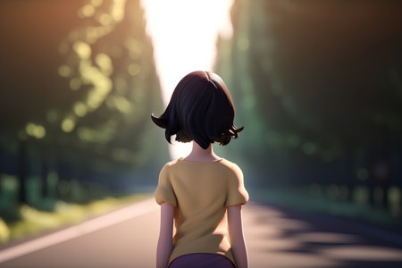 Back view of a young woman standing on the road and looking forwardの素材