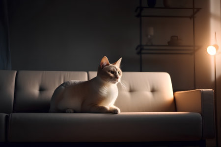 Cute cat sitting on sofa in dark room at night. Adorable petの素材