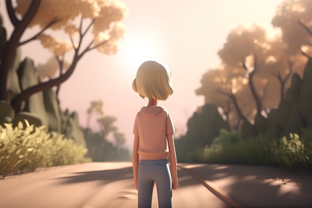 young woman walking on the road in the forest, 3d renderの素材