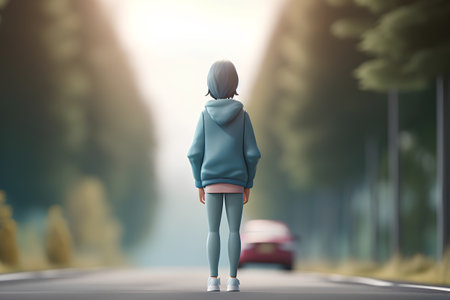 Rear view of a girl in a blue hoodie standing on the road. 3d renderingの素材