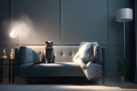 Cat sitting on a sofa in the living room at night, 3d renderの素材