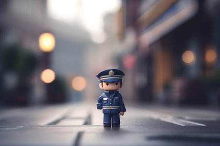 A miniature of a police officer standing on the street in the eveningの素材