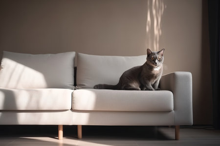 Siamese cat on a white sofa in the living room.の素材