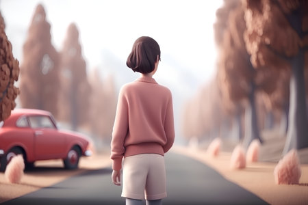 Rear view of young woman looking at red car on the roadの素材
