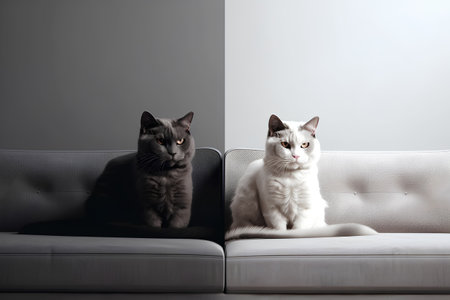 Two cats sitting on a sofa in front of a gray wall.の素材