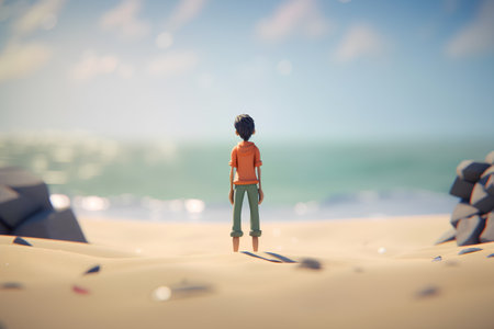 Girl standing on the sand dunes and looking at the sea.の素材