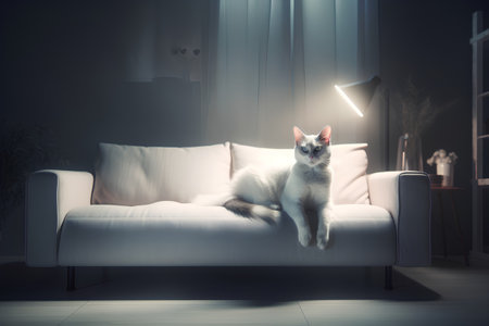Beautiful white cat sitting on a sofa in the dark room.の素材