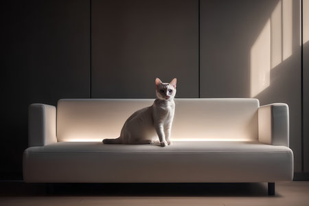 Sphynx cat sitting on a white sofa in the roomの素材