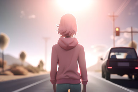 Young woman in pink hoodie standing on the road. 3d renderingの素材