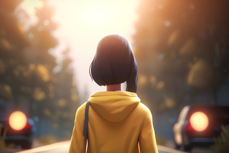 Back view of a young woman in a yellow hoodie standing on the street and looking at the sunsetの素材