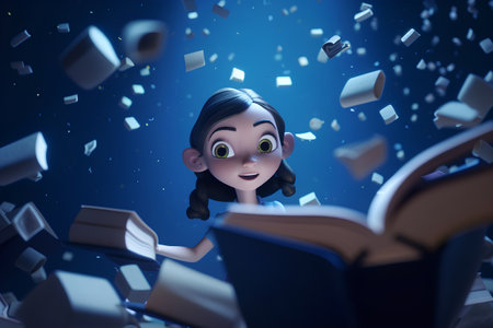 Girl reading a book with falling cubes around her, 3d illustrationの素材