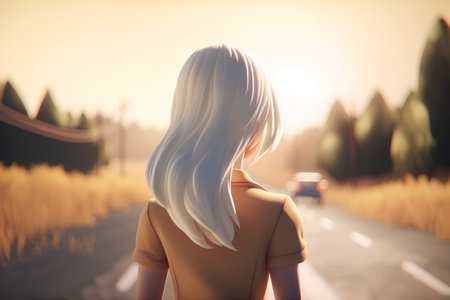 Young woman standing on the road and looking at the sunset. 3d renderingの素材