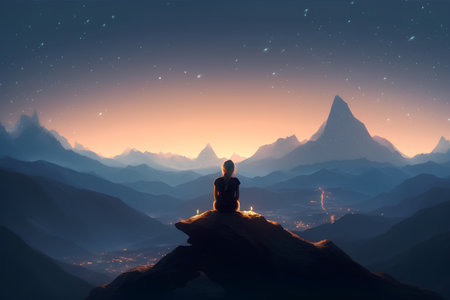 Man meditating on the top of a mountain at night. Vector illustrationの素材