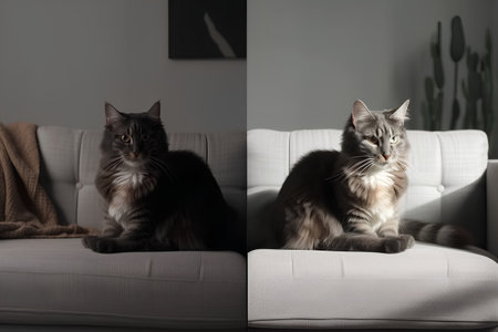 Maine coon cat sitting on sofa in living room at homeの素材