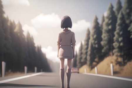 3d rendering of a woman walking on the road in the forestの素材