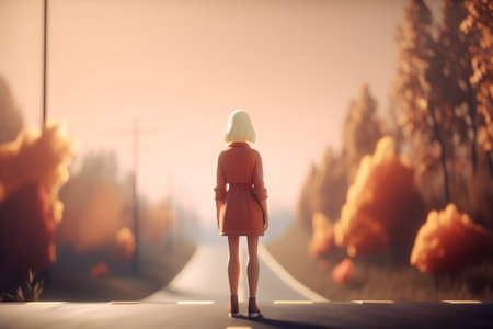Woman walking on the road in the foggy autumn forest. 3d renderingの素材