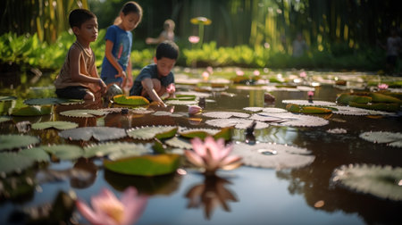 Group of kids playing in the pond with water lily flower.の素材